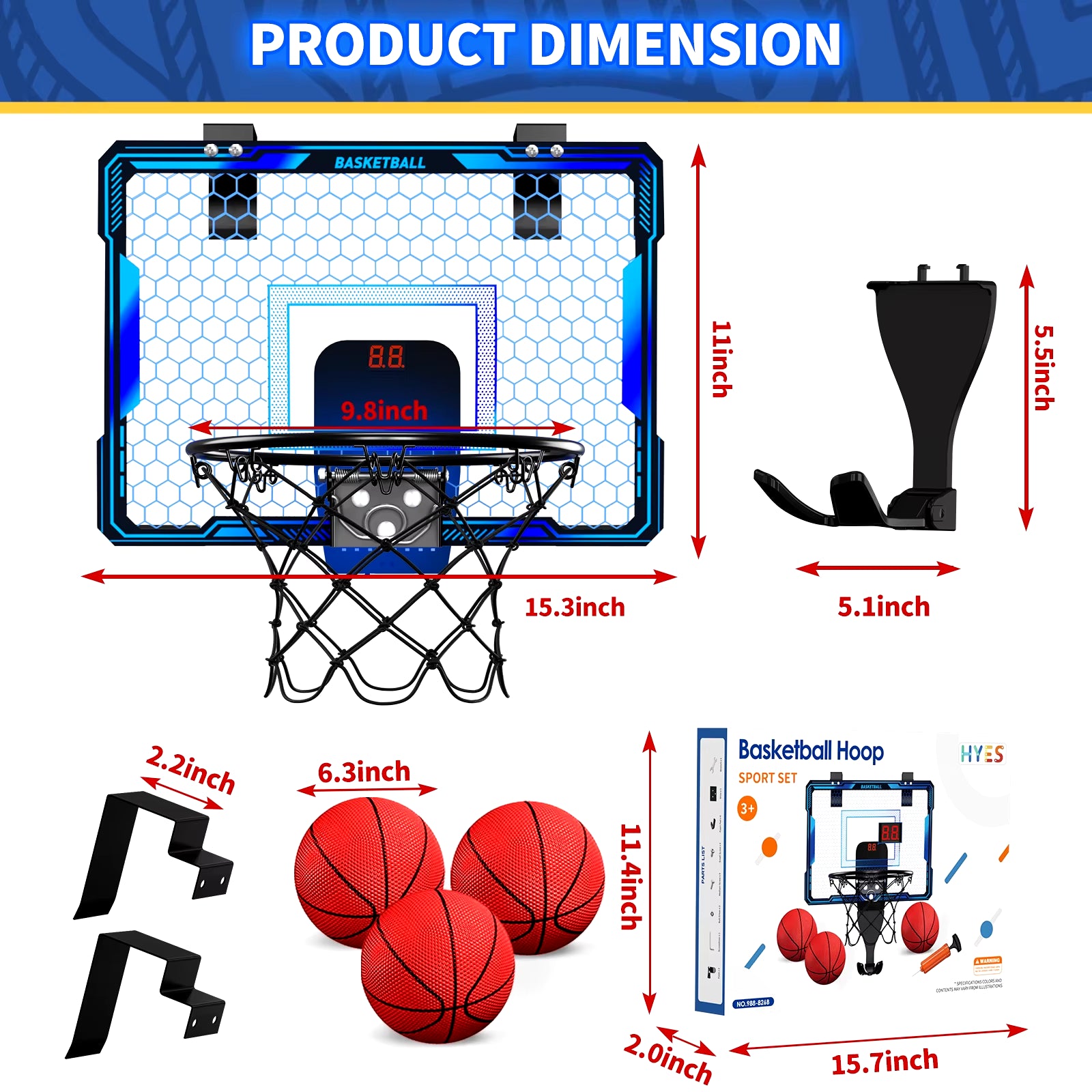 Remote Control Basketball Hoop Indoor with 7 LED Lighting, over Door Basketball Hoop, Basketball Toys Gift for Kids, Adults